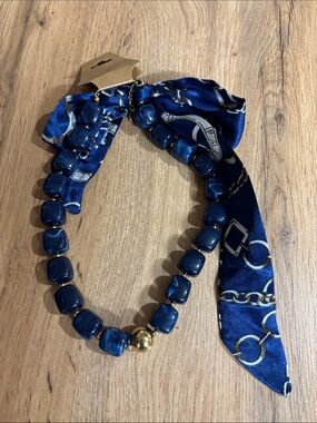 Navy chunky Beaded Scarf Necklace with Gold Accent